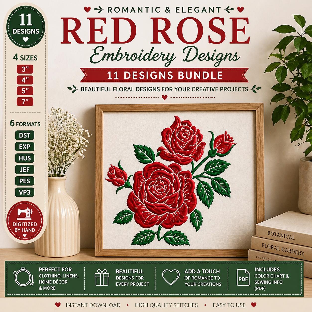 11 Romantic Red Rose Embroidery Designs Bundle, Floral Machine Files (Digital Download) - Image 6