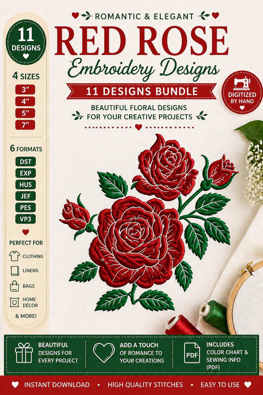 11 Romantic Red Rose Embroidery Designs Bundle, Floral Machine Files (Digital Download) - Image 7