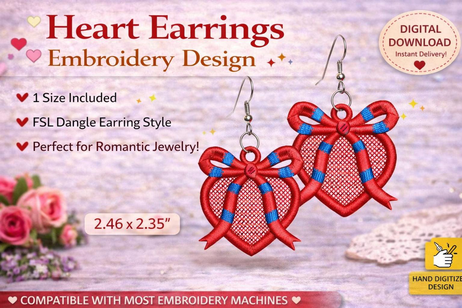 Heart Bow Earrings Embroidery Design | FSL Dangle Style | Romantic Jewelry machine File (Digital Download) - Image 3