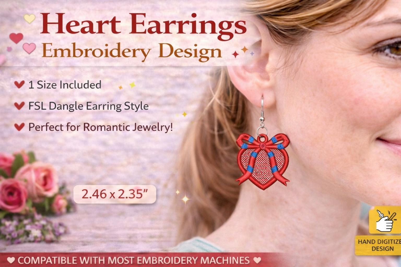 Heart Bow Earrings Embroidery Design | FSL Dangle Style | Romantic Jewelry machine File (Digital Download) - Image 4