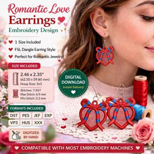 Heart Bow Earrings Embroidery Design | FSL Dangle Style | Romantic Jewelry machine File (Digital Download)