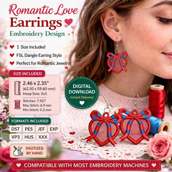 Heart Bow Earrings Embroidery Design | FSL Dangle Style | Romantic Jewelry machine File (Digital Download)