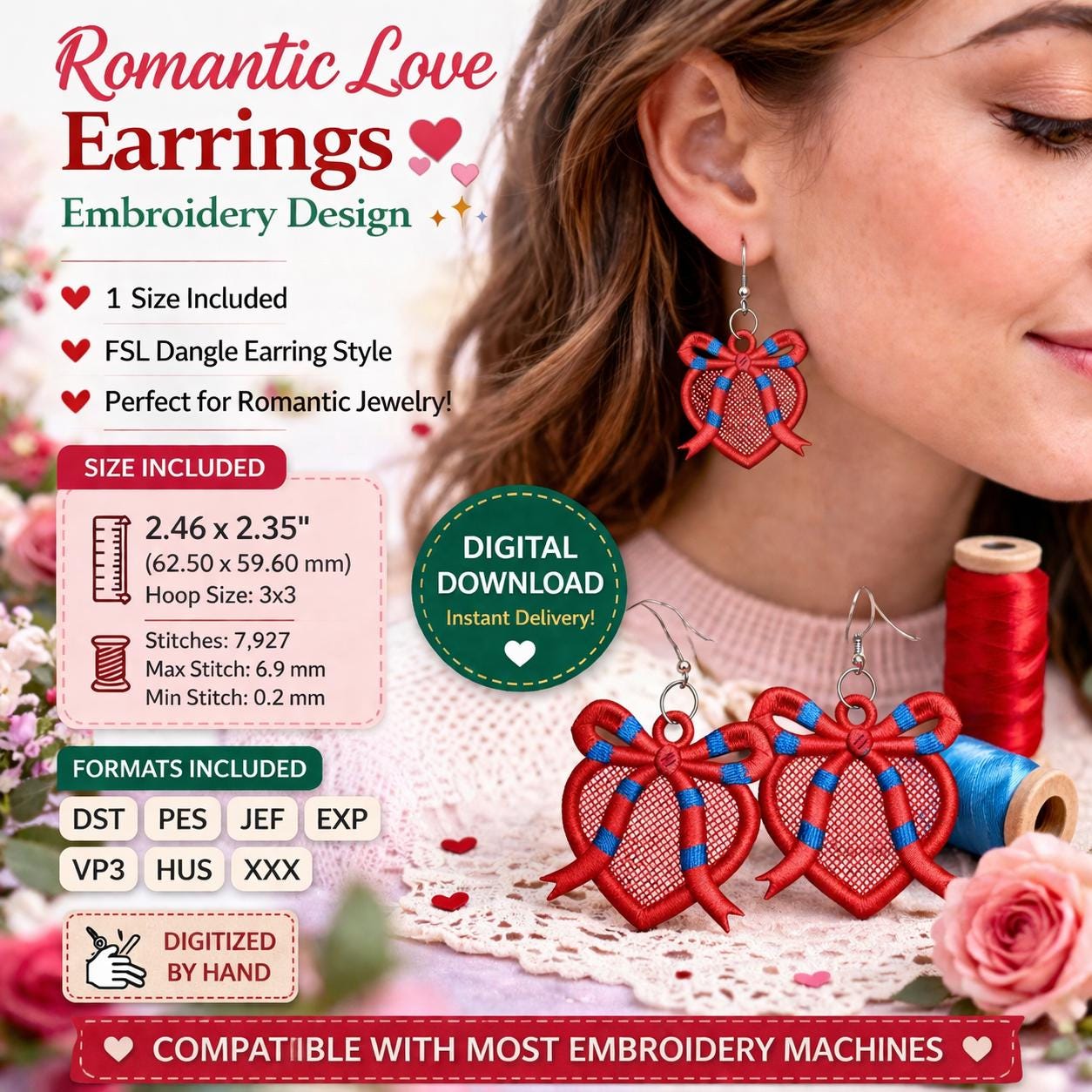 Heart Bow Earrings Embroidery Design | FSL Dangle Style | Romantic Jewelry machine File (Digital Download)