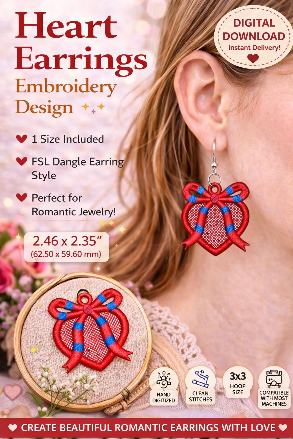 Heart Bow Earrings Embroidery Design | FSL Dangle Style | Romantic Jewelry machine File (Digital Download) - Image 6