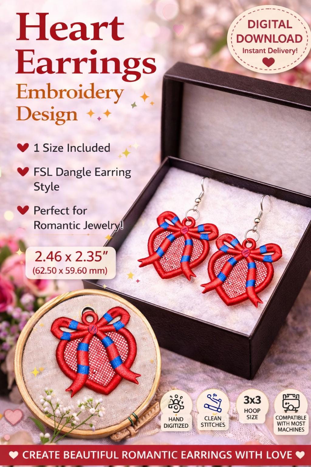 Heart Bow Earrings Embroidery Design | FSL Dangle Style | Romantic Jewelry machine File (Digital Download) - Image 7