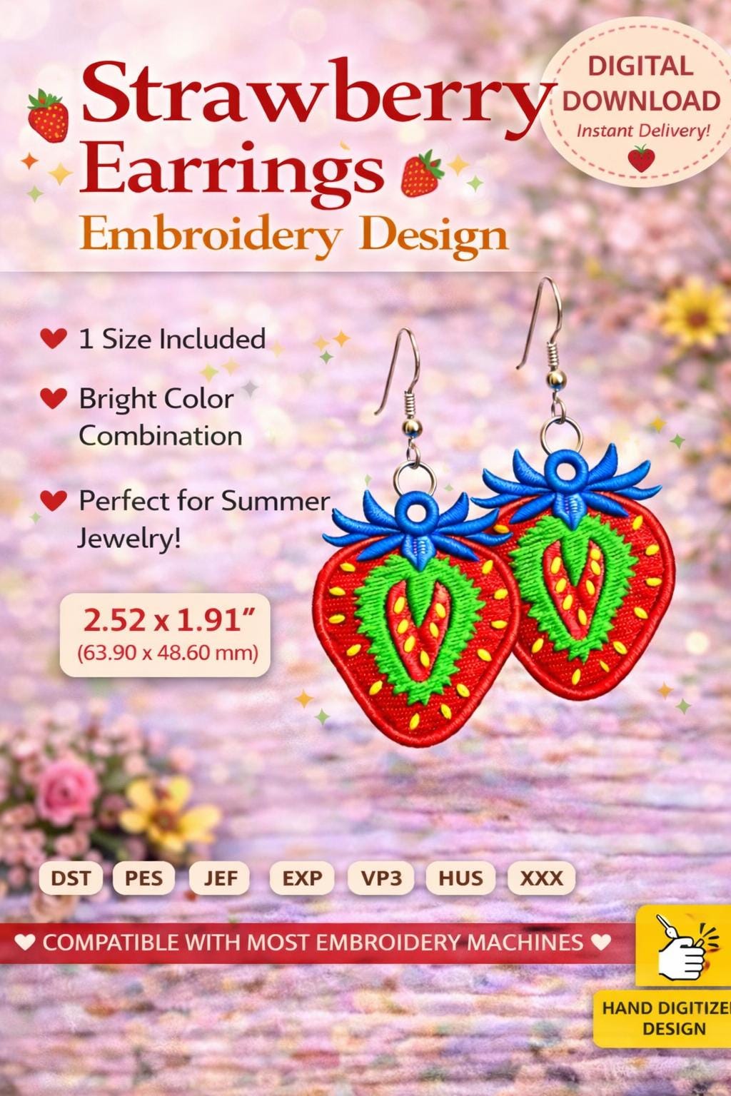 Strawberry Earrings Embroidery Design: Summer Fruit Jewelry | FSl Machine File (Digital Download) - Image 6
