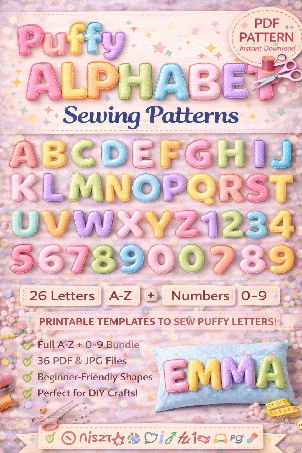 Puffy Rounded complete Alphabet Sewing Pattern Bundle | A-Z 0-9 Pdf(Digital Download) - Image 8