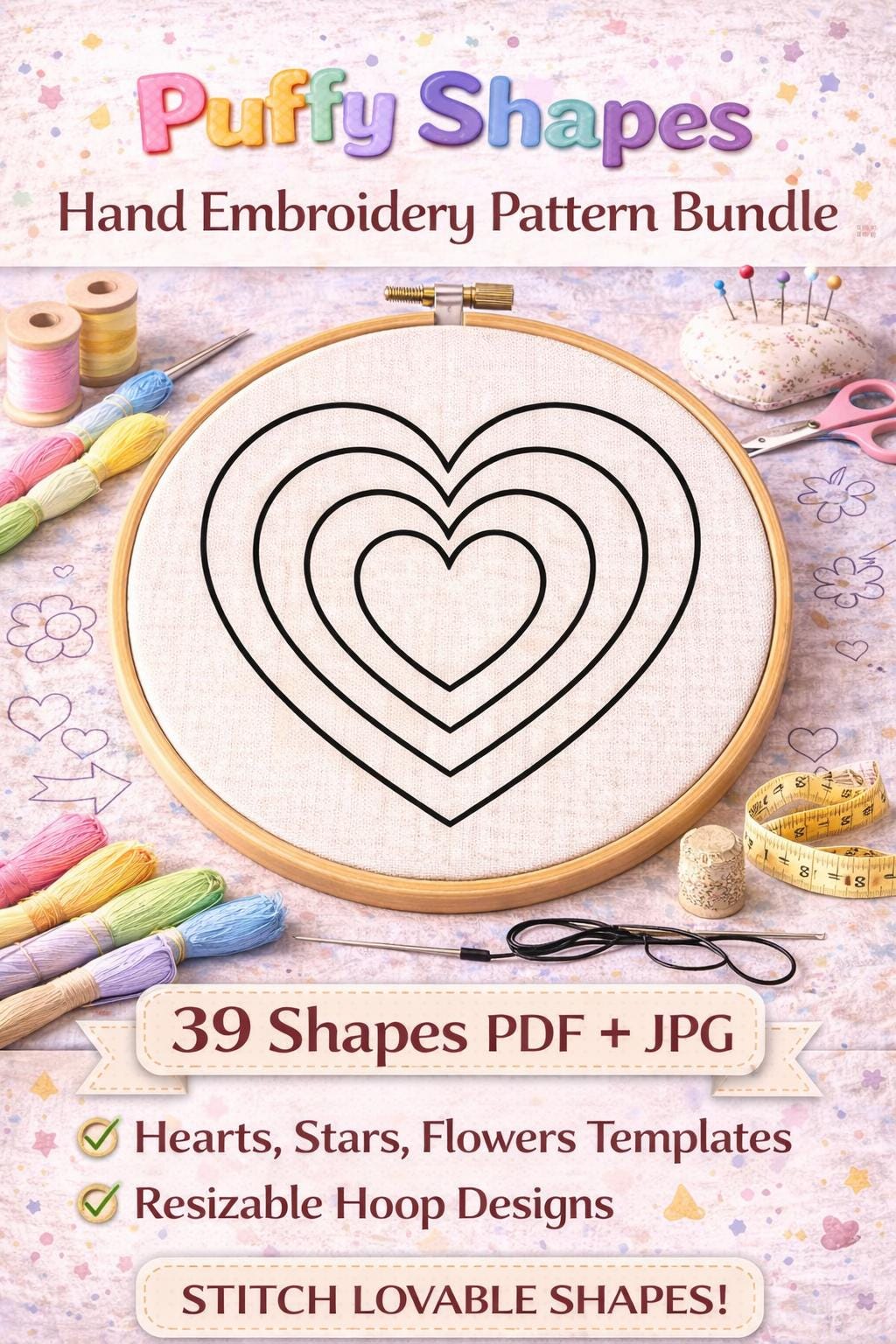 Puffy Shapes Hand Embroidery Pattern Bundle: 39 shapes , Hearts, Stars, Flowers Templates (Digital Download) - Image 11