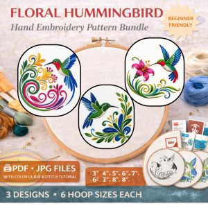 Floral Hummingbird Embroidery Pattern Bundle – 3 Beginner Designs | Color Guide & Stitch Tutorial (Digital Download)