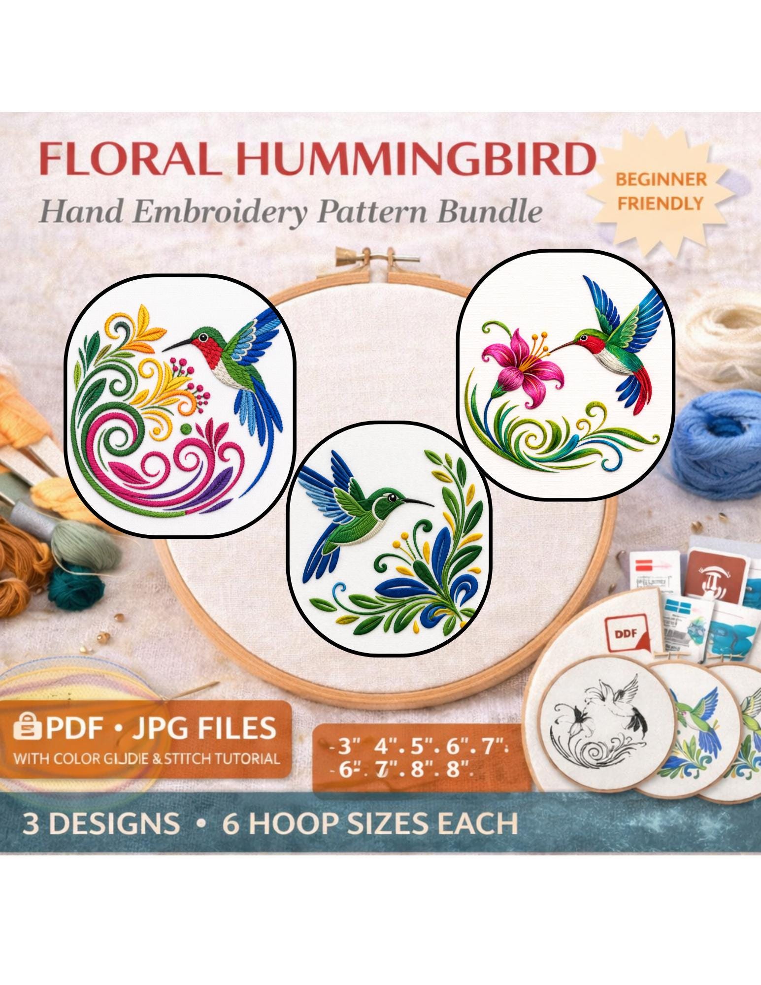 Floral Hummingbird Embroidery Pattern Bundle – 3 Beginner Designs | Color Guide & Stitch Tutorial (Digital Download)