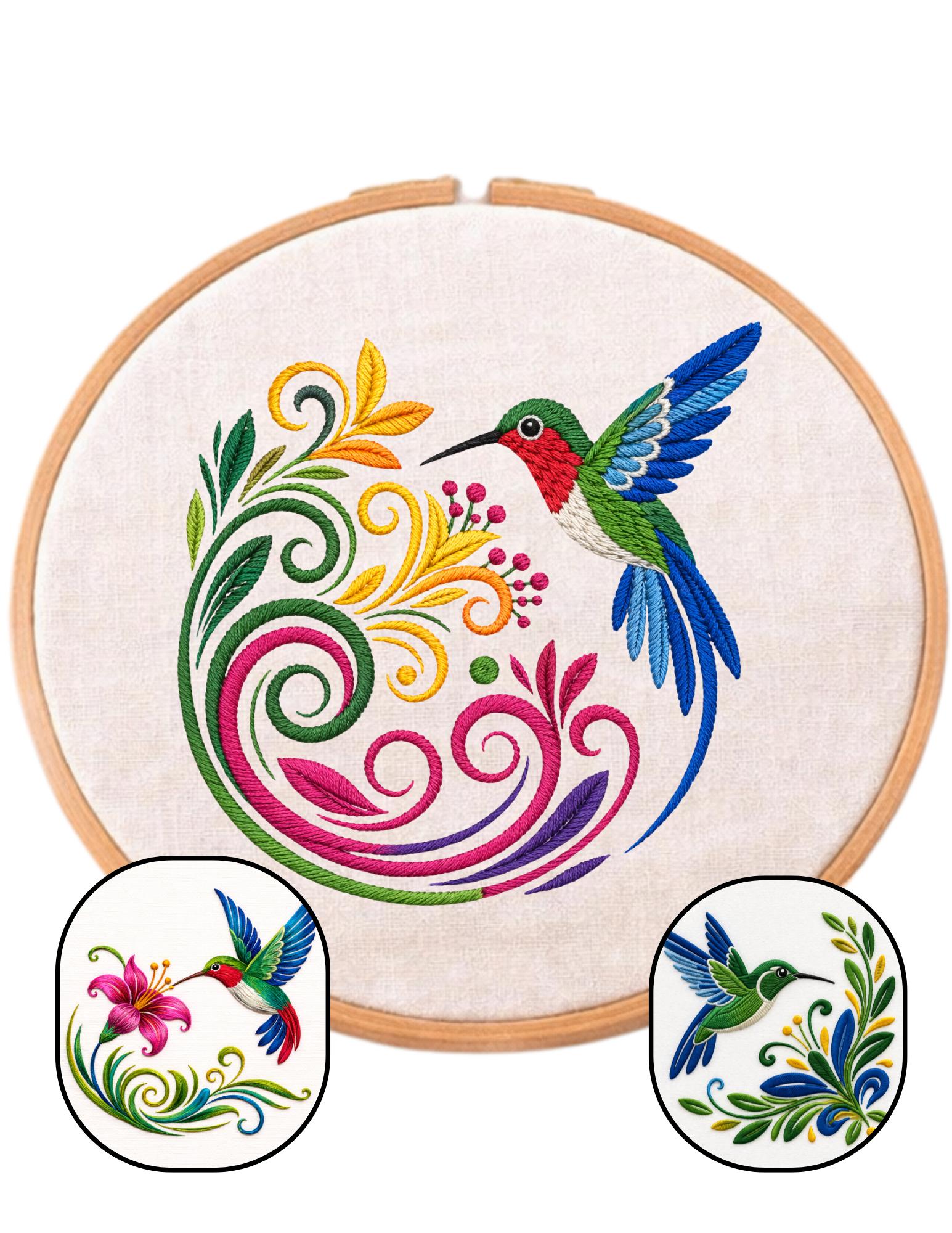 Floral Hummingbird Embroidery Pattern Bundle – 3 Beginner Designs | Color Guide & Stitch Tutorial (Digital Download) - Image 2
