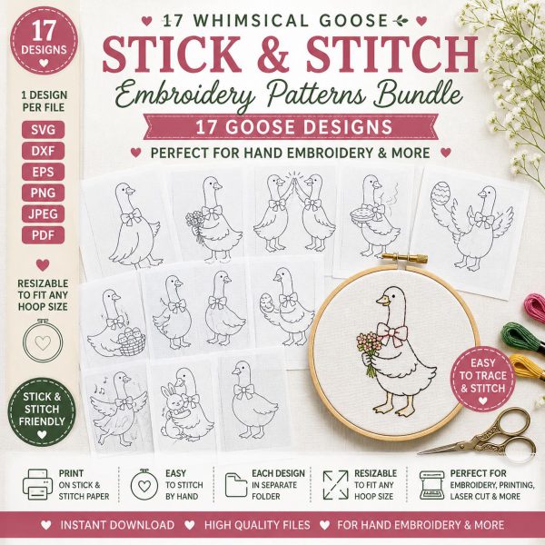17 Whimsical Goose Hand Embroidery Patterns | Stick and Stitch Bundle (SVG, PDF)