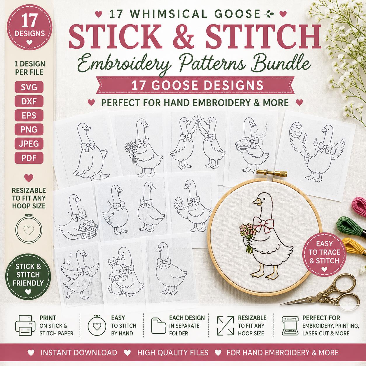 17 Whimsical Goose Hand Embroidery Patterns | Stick and Stitch Bundle (SVG, PDF)