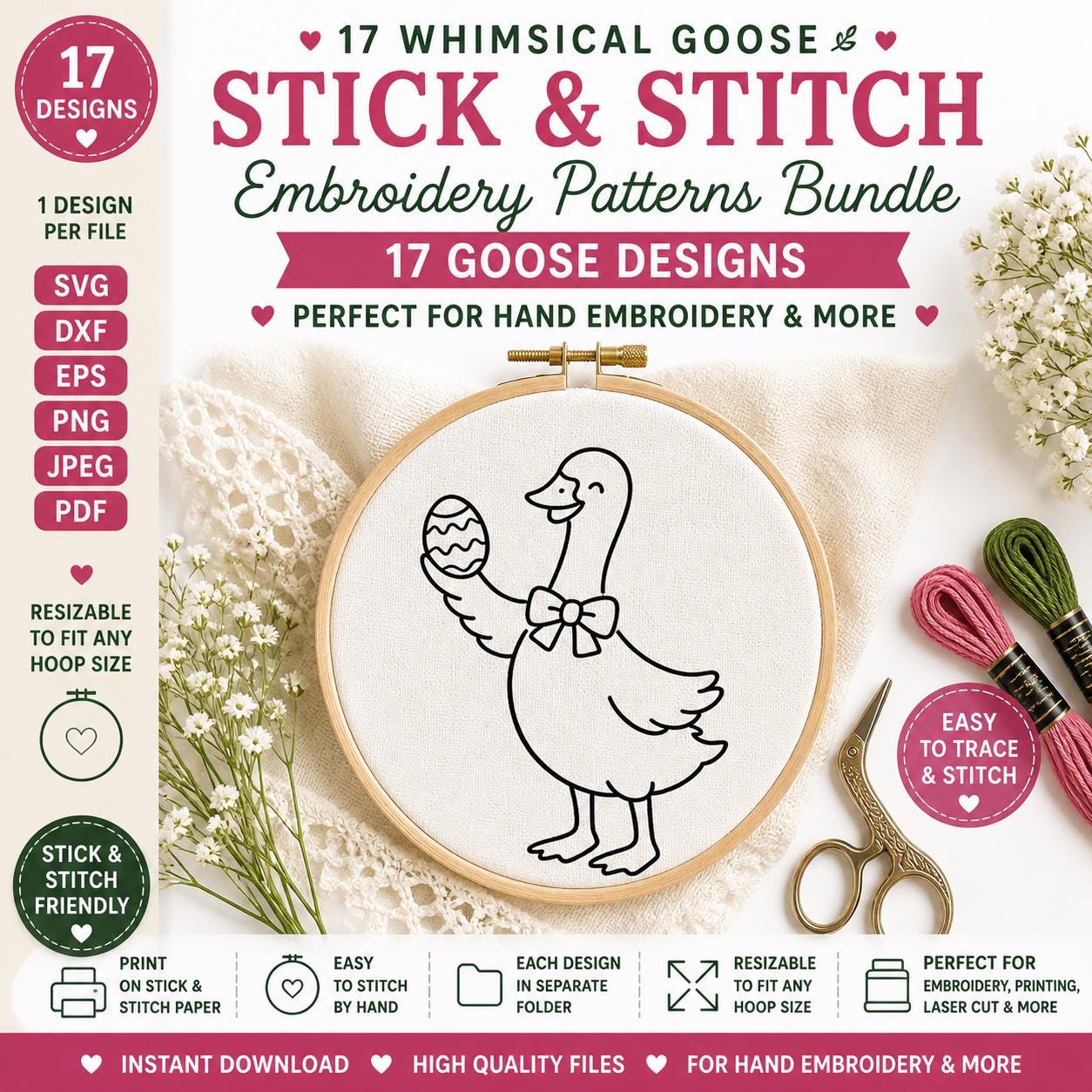 17 Whimsical Goose Hand Embroidery Patterns | Stick and Stitch Bundle (SVG, PDF) - Image 3