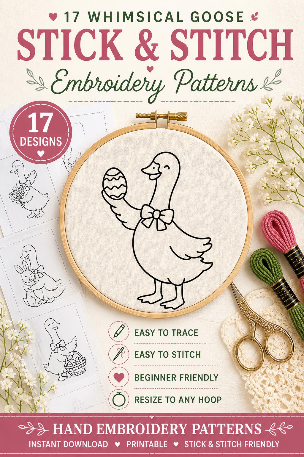 17 Whimsical Goose Hand Embroidery Patterns | Stick and Stitch Bundle (SVG, PDF) - Image 5