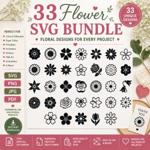 33 Flower SVG Bundle, Botanical Floral Clipart Cut Files (Digital Download)