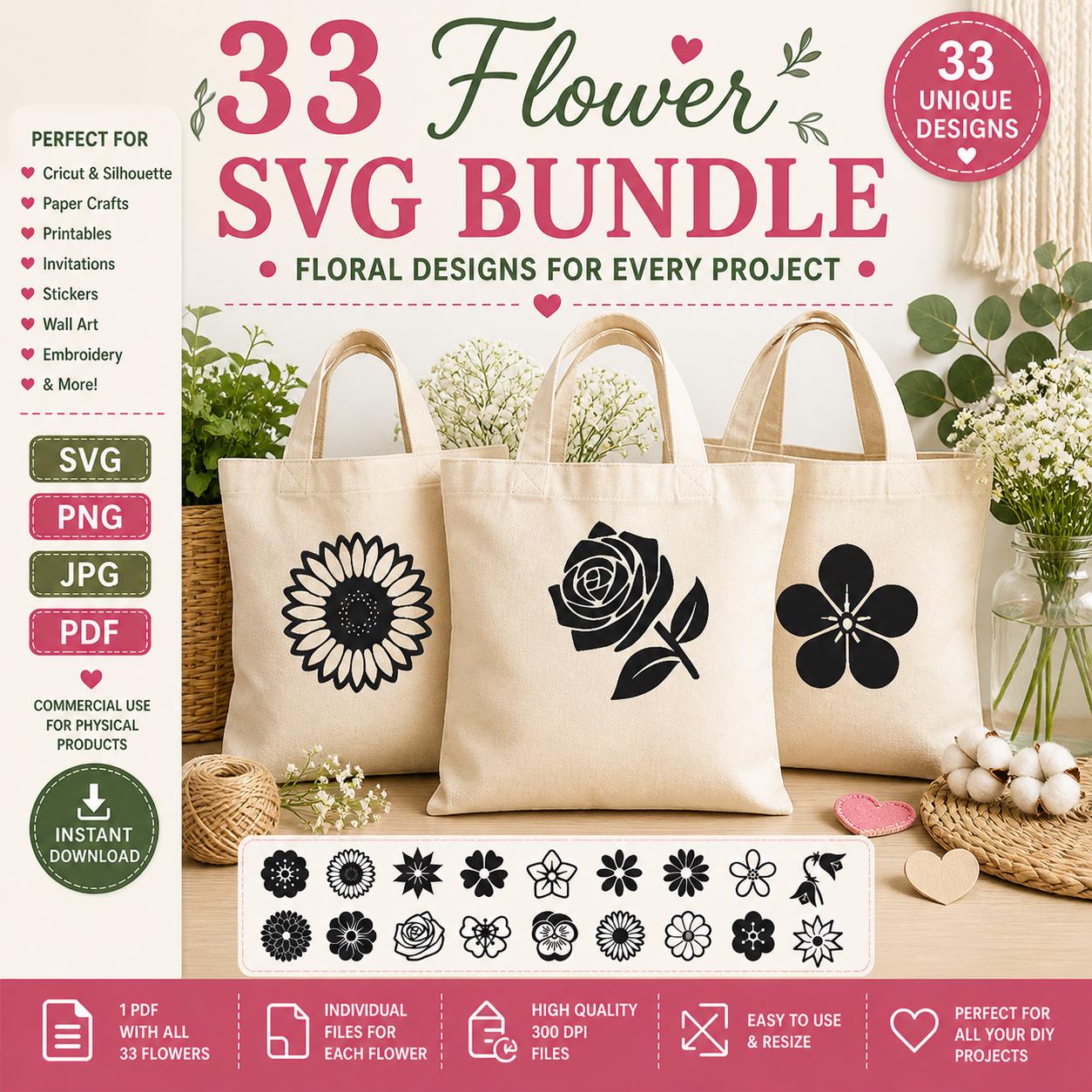 33 Flower SVG Bundle, Botanical Floral Clipart Cut Files (Digital Download) - Image 5