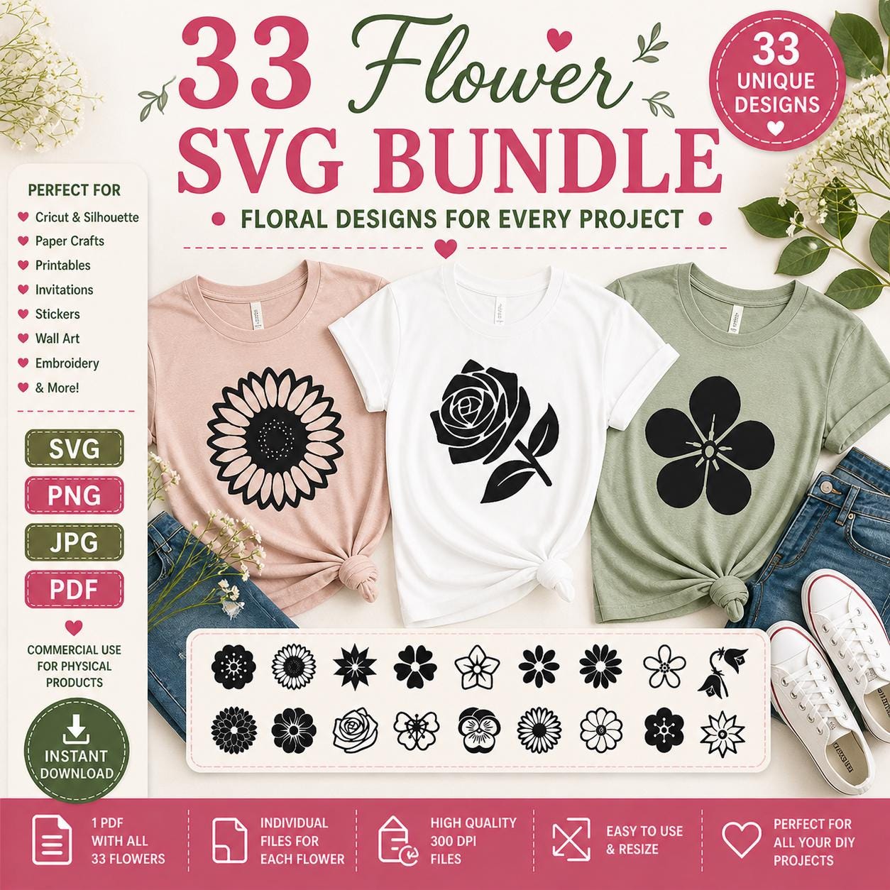 33 Flower SVG Bundle, Botanical Floral Clipart Cut Files (Digital Download) - Image 6
