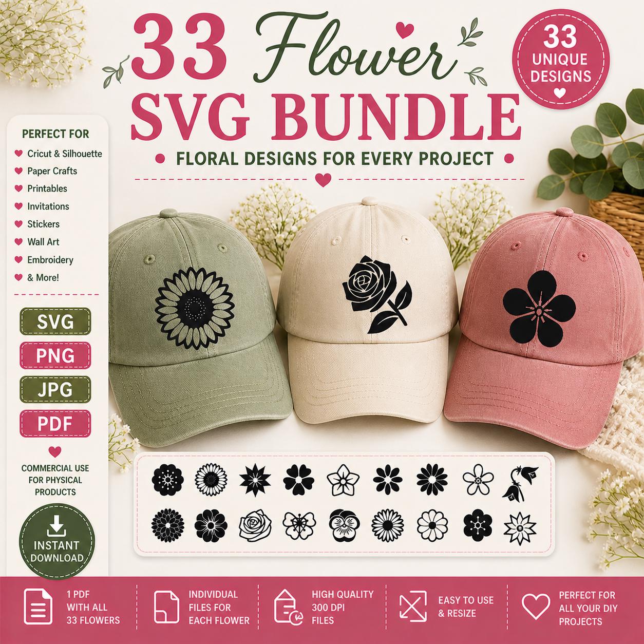 33 Flower SVG Bundle, Botanical Floral Clipart Cut Files (Digital Download) - Image 7