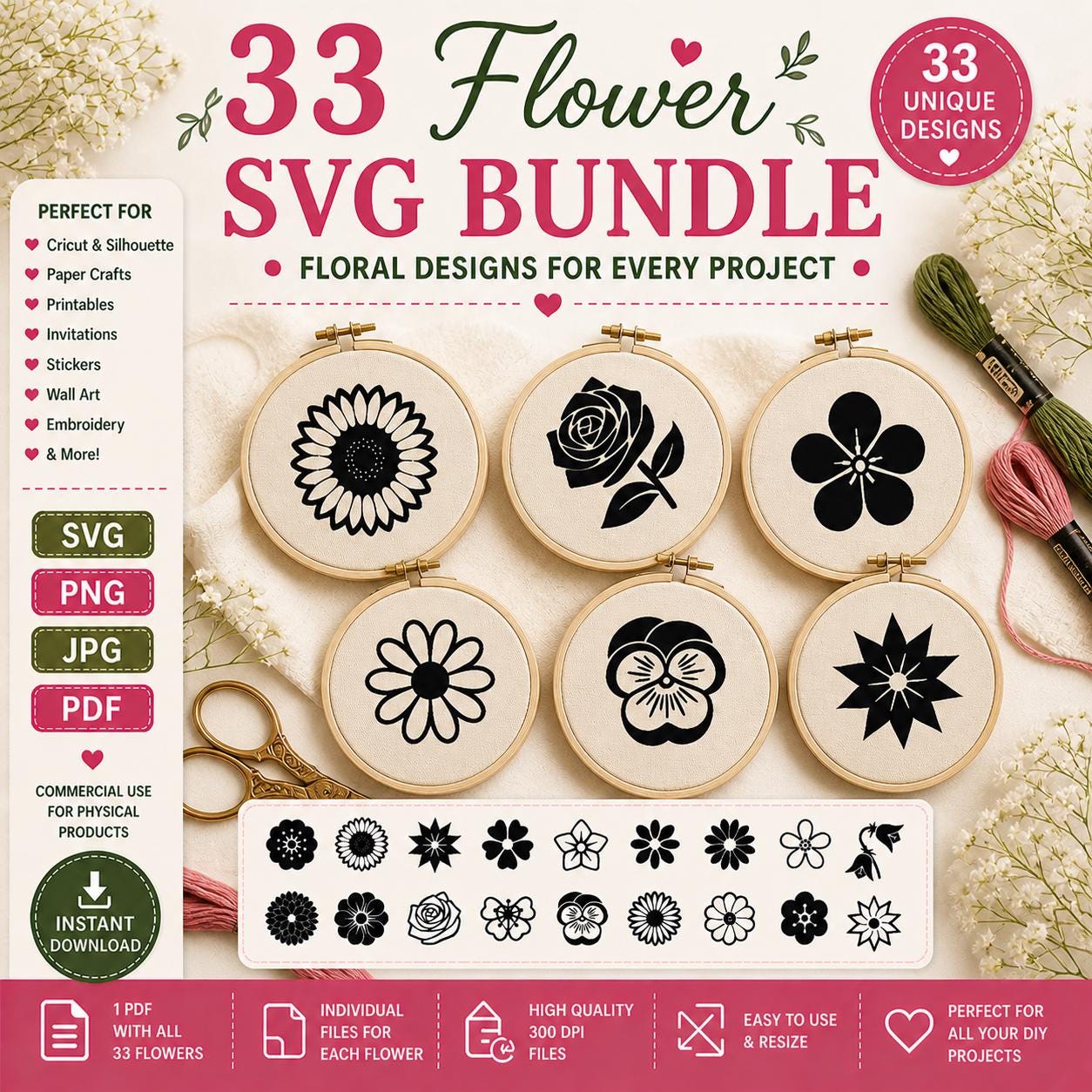 33 Flower SVG Bundle, Botanical Floral Clipart Cut Files (Digital Download) - Image 4