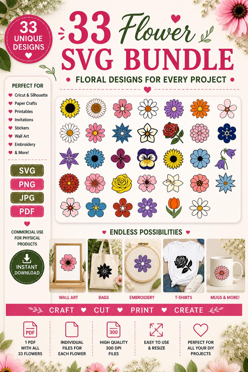 33 Flower SVG Bundle, Botanical Floral Clipart Cut Files (Digital Download) - Image 2