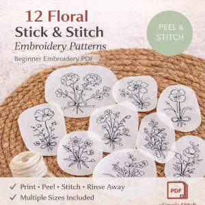 12 Floral Stick & Stitch Embroidery Patterns, Beginner Line Art Transfer Bundle (Digital Download)
