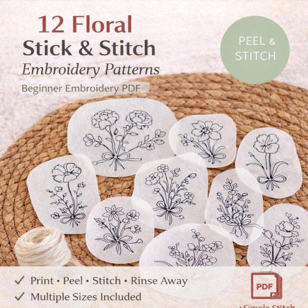 12 Floral Stick & Stitch Embroidery Patterns, Beginner Line Art Transfer Bundle (Digital Download)