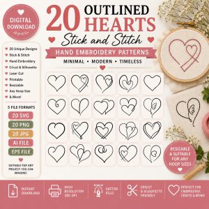 20 Minimal Outline Hearts Stick and Stitch Hand Embroidery Patterns (Digital Download)