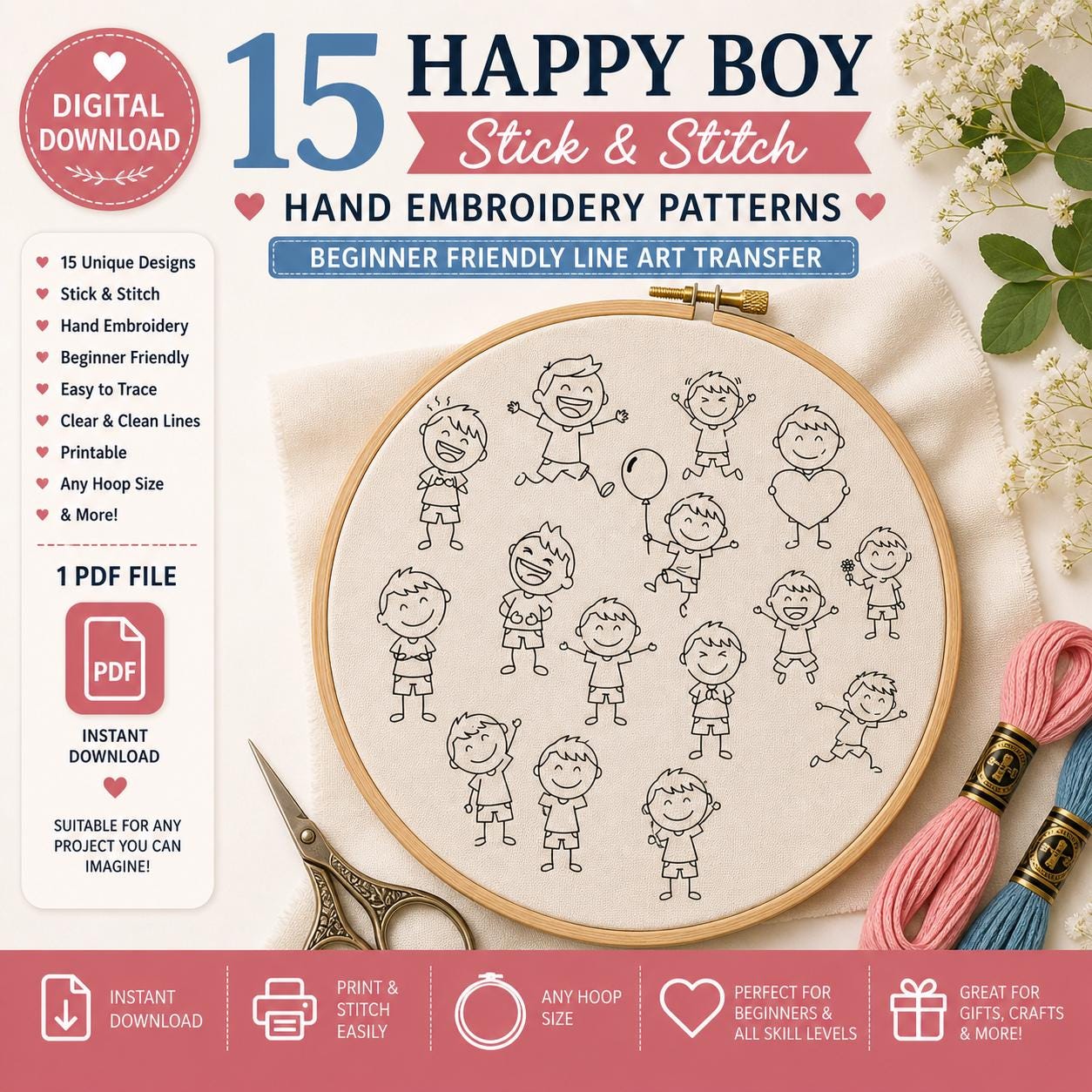 15 Happy Boy Stick & Stitch Embroidery Patterns – Beginner Line Art Transfer (Digital Download) - Image 2