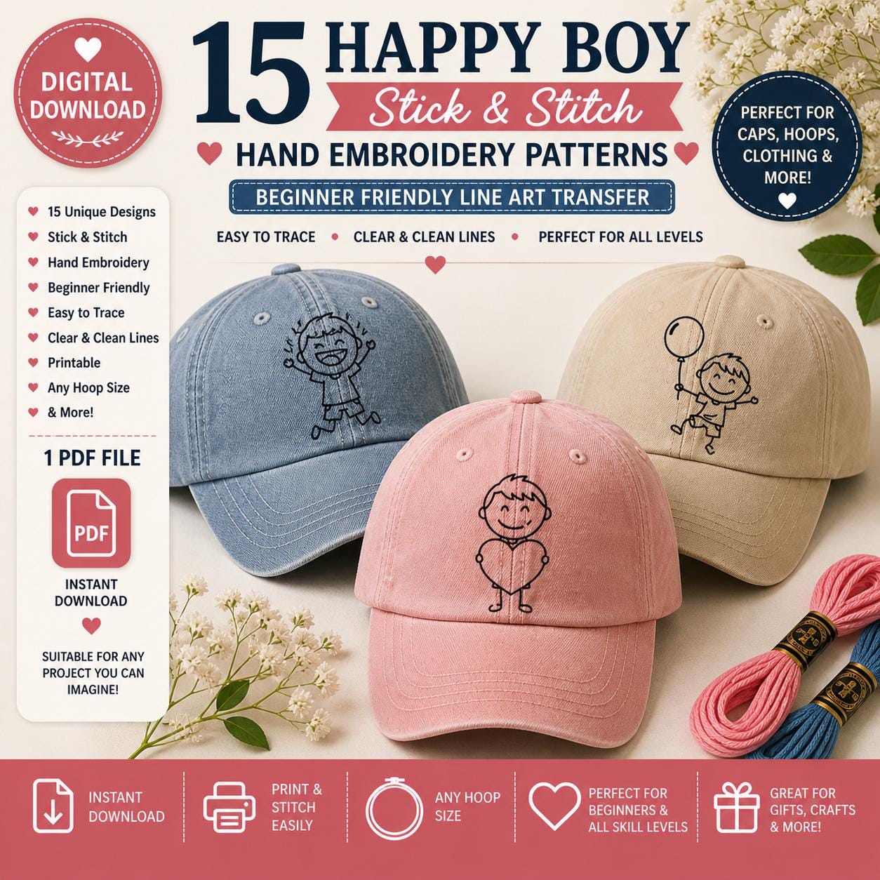 15 Happy Boy Stick & Stitch Embroidery Patterns – Beginner Line Art Transfer (Digital Download) - Image 4