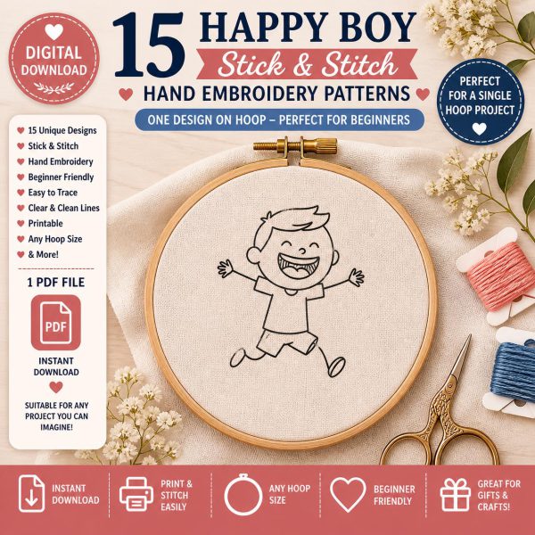 15 Happy Boy Stick & Stitch Embroidery Patterns – Beginner Line Art Transfer (Digital Download)