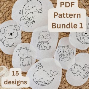 Animal Stick and Stitch Embroidery Patterns, Beginner Hand Embroidery PDF Bundle | 15 designs | Set 1