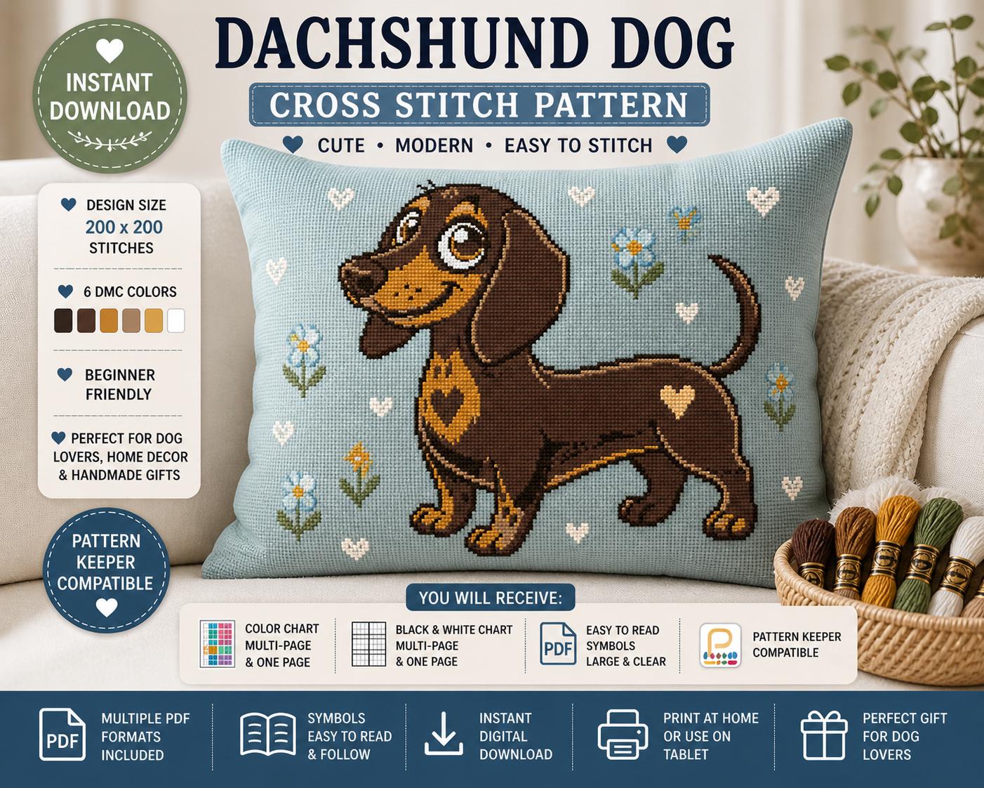 Dachshund Dog Cross Stitch Pattern PDF, Modern Sausage Dog Embroidery Chart (Digital Download) - Image 7