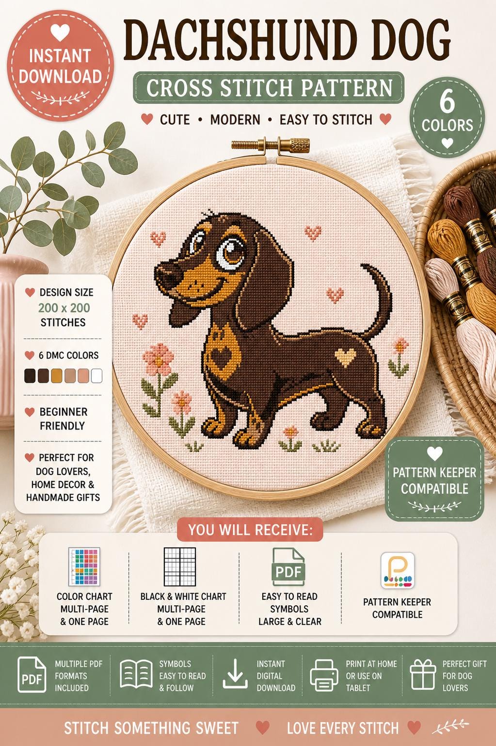 Dachshund Dog Cross Stitch Pattern PDF, Modern Sausage Dog Embroidery Chart (Digital Download) - Image 8