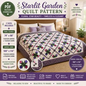 Starlit Garden Quilt Sewing Pattern, Floral Star Patchwork, Twin/Queen/King Sizes (PDF Download)