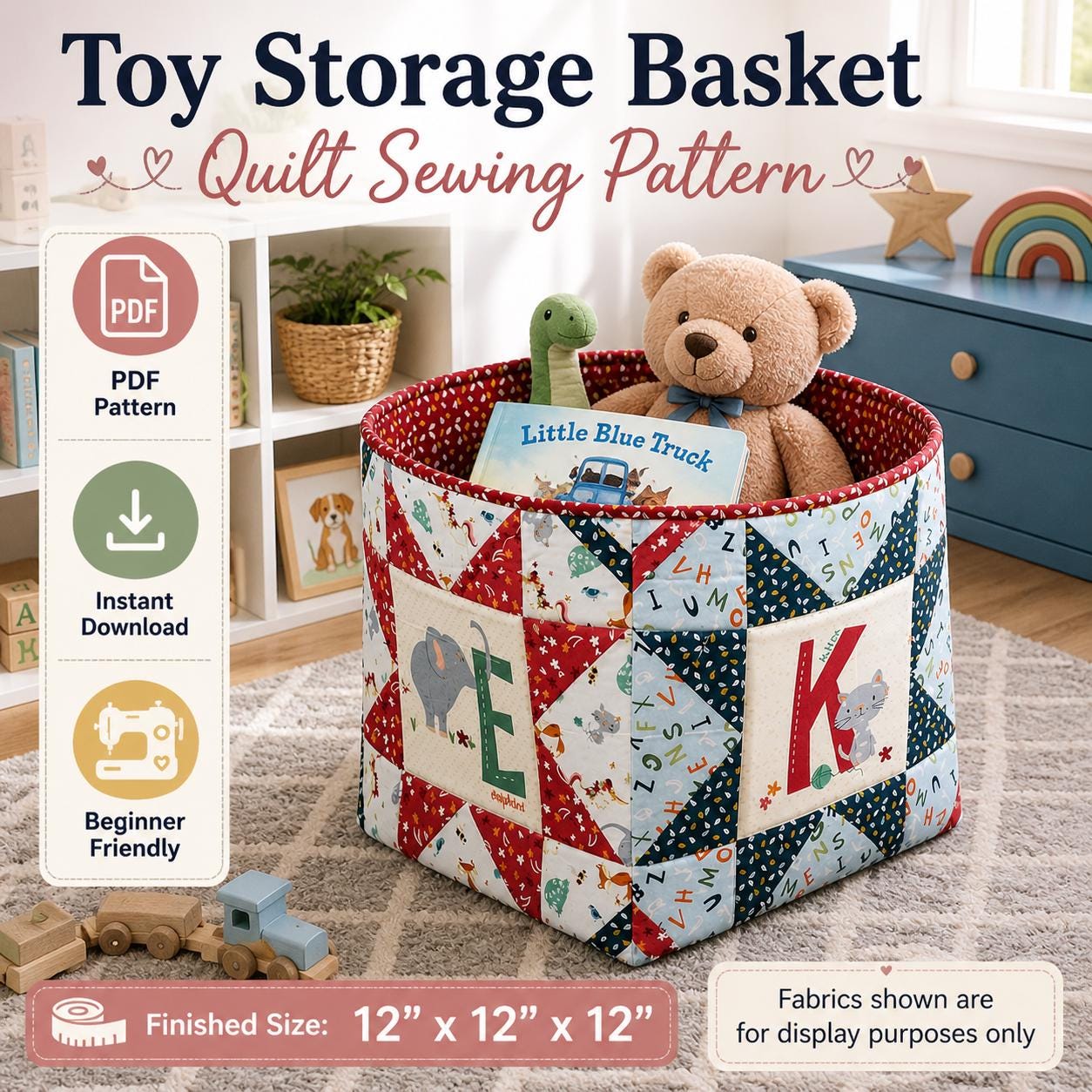 Patchwork Toy Storage Basket Quilt Sewing Pattern | Nursery Organizer | Kids Room (PDF Download) - Image 2