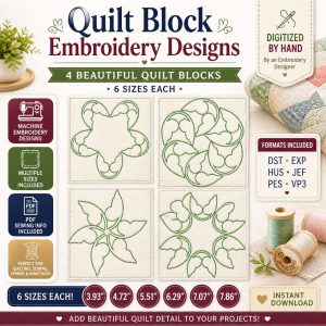 Quilt Block Embroidery Designs Bundle, 4 Quilting Motifs, Machine Embroidery Files (Digital Download)