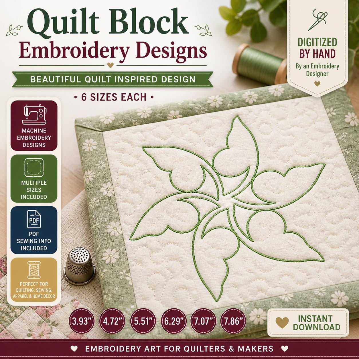 Quilt Block Embroidery Designs Bundle, 4 Quilting Motifs, Machine Embroidery Files (Digital Download) - Image 2