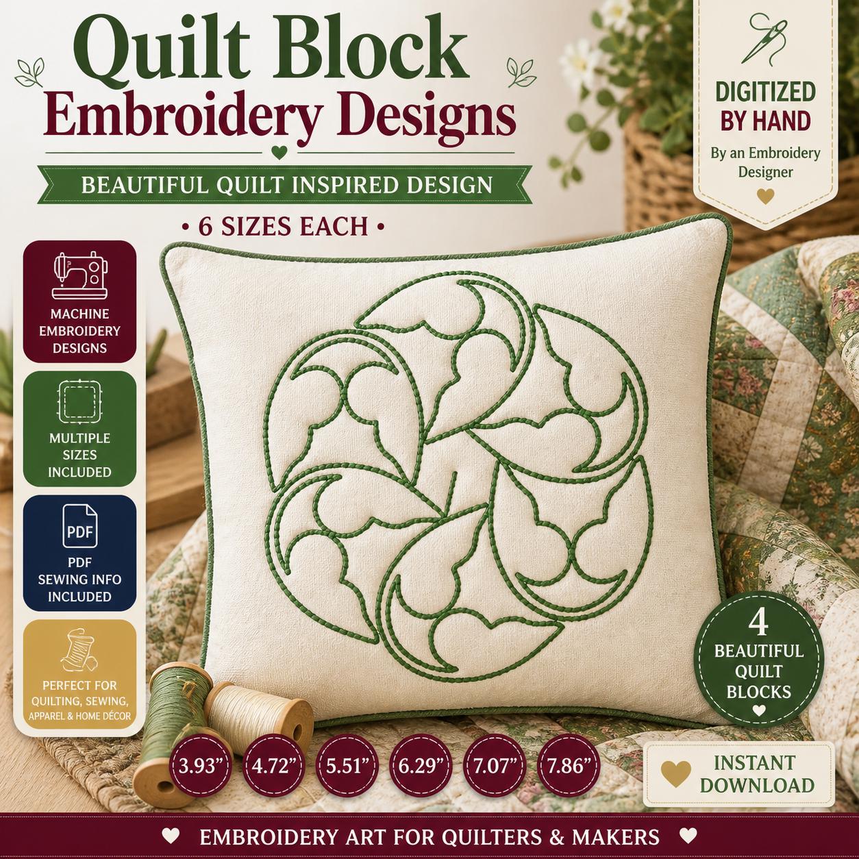 Quilt Block Embroidery Designs Bundle, 4 Quilting Motifs, Machine Embroidery Files (Digital Download) - Image 5