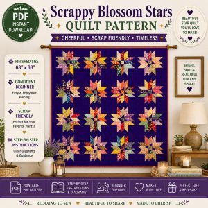 Scrappy Blossom Stars Quilt Pattern, 68" Throw, Scrap Beginner Friendly (Digital PDF)