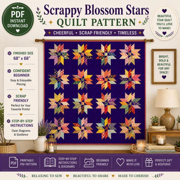 Scrappy Blossom Stars Quilt Pattern, 68" Throw, Scrap Beginner Friendly (Digital PDF)