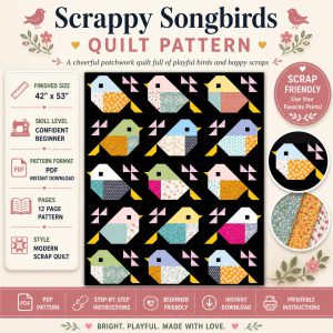 Scrappy Songbirds Quilt Pattern, Modern Patchwork Bird Design | Beginner Friendly Sewing Tutorial (PDF Download)
