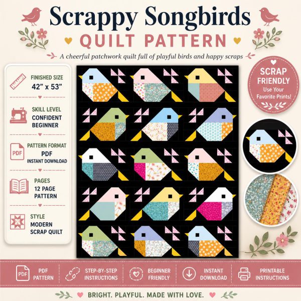 Scrappy Songbirds Quilt Pattern, Modern Patchwork Bird Design | Beginner Friendly Sewing Tutorial (PDF Download)