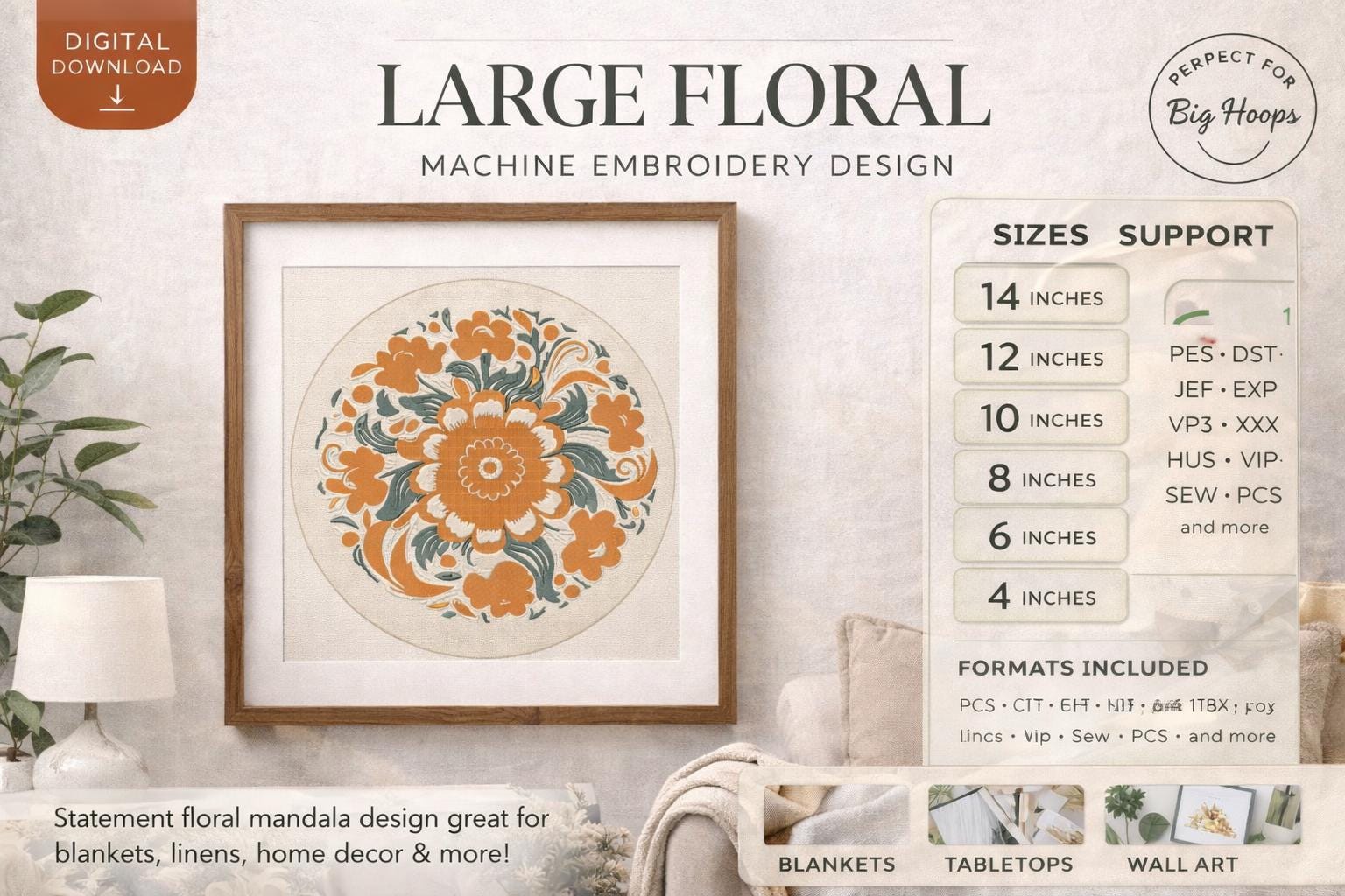 Large Floral Mandala Embroidery Design, Round Flower Machine File (4-14 Inch) | Digital Download - Image 3