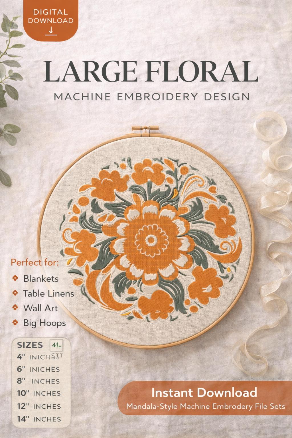 Large Floral Mandala Embroidery Design, Round Flower Machine File (4-14 Inch) | Digital Download - Image 5