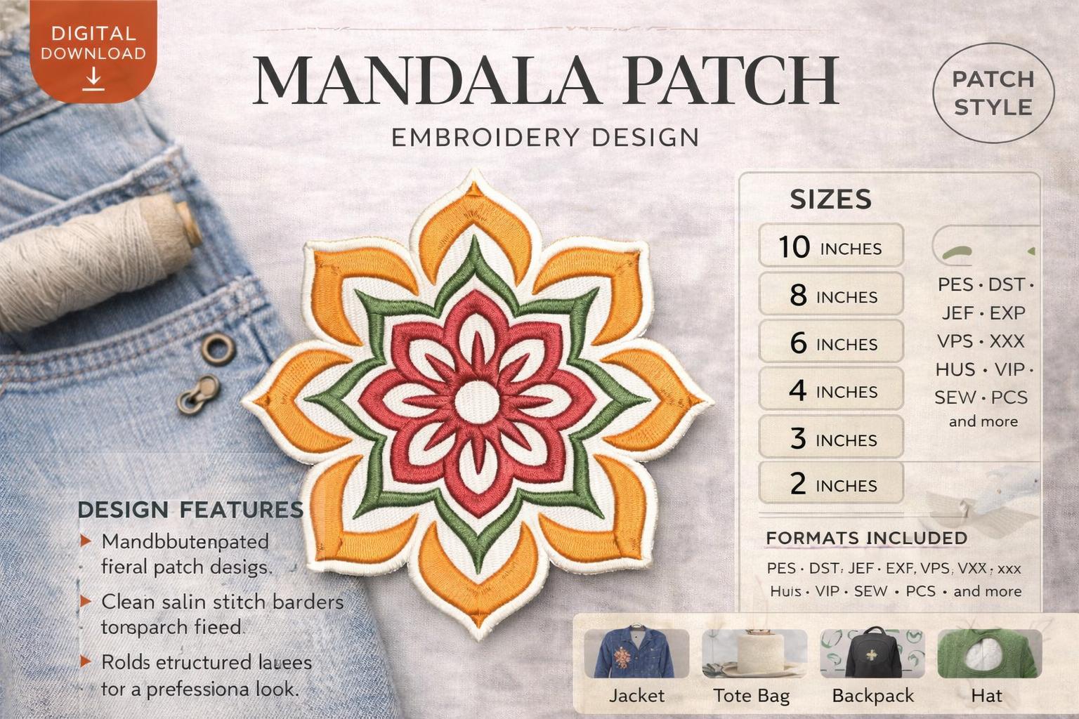 Mandala Floral Embroidery Patch Design, Applique Iron On Style (Digital Download) - Image 2