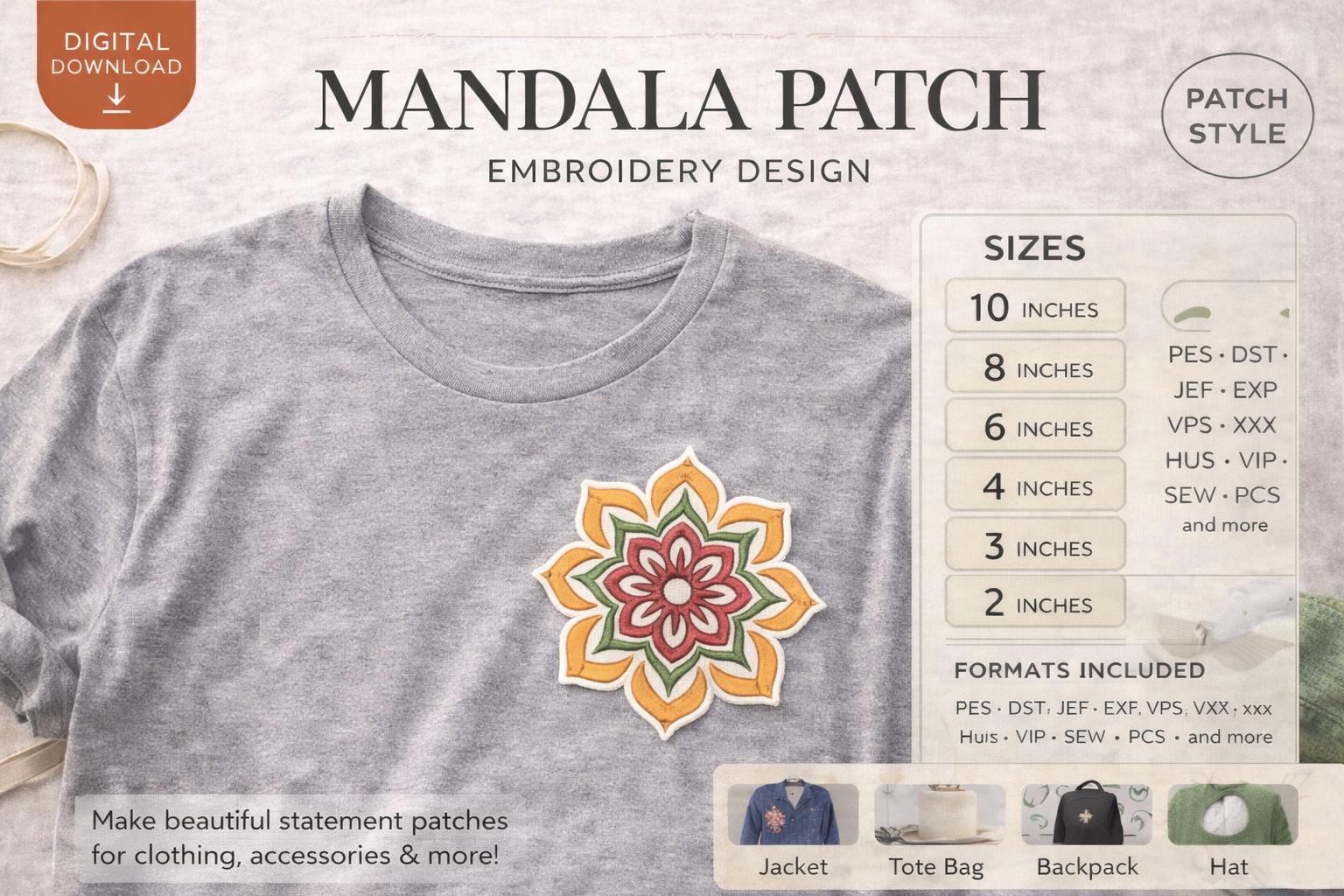 Mandala Floral Embroidery Patch Design, Applique Iron On Style (Digital Download) - Image 3