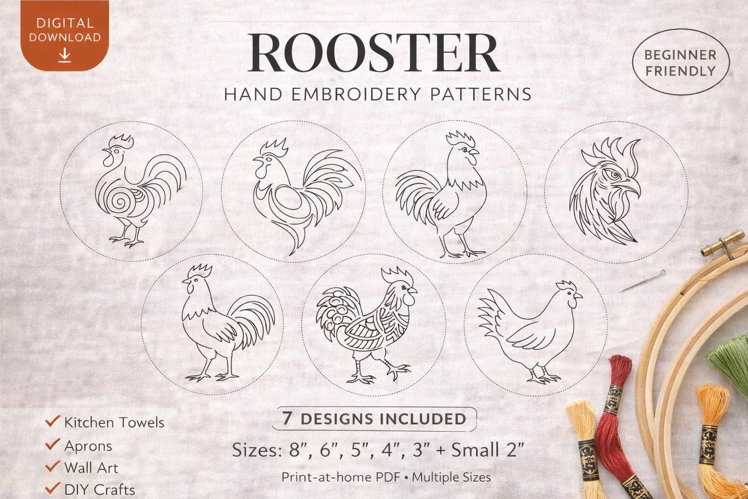 Rooster Stick and Stitch Hand Embroidery Pattern Bundle, 7 Chicken Designs (PDF Download) - Image 10