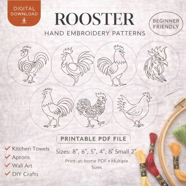 Rooster Stick and Stitch Hand Embroidery Pattern Bundle, 7 Chicken Designs (PDF Download)
