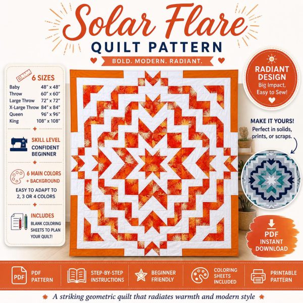 Solar Flare Modern Geometric Quilt Pattern | 6 Sizes Included, Baby to King (PDF Download)